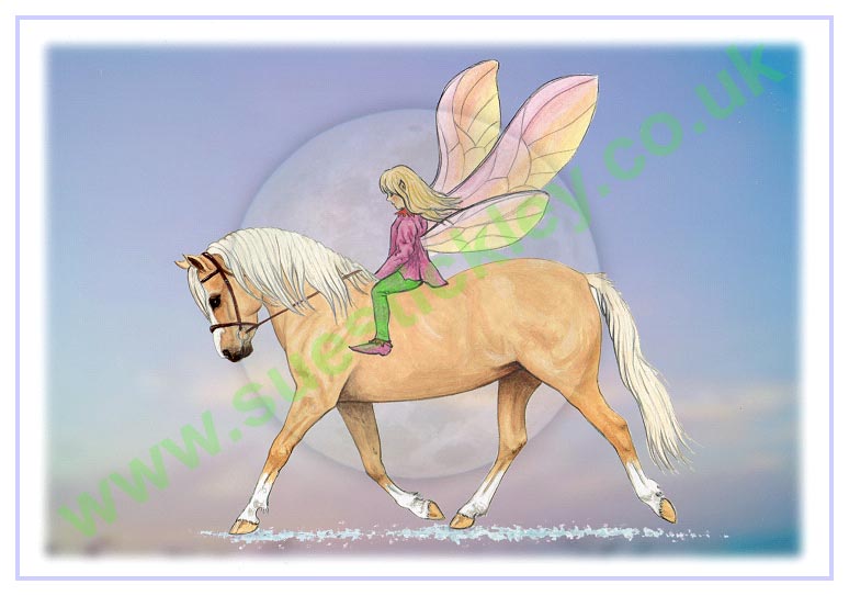 fairie riding a Palamino pony with the moon in the background