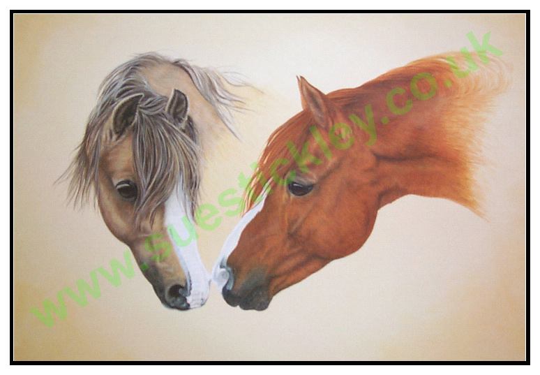 Portrait of 2 horse heads, entitled "The Kiss"