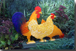 Hand painted ply wood pets. 2 Hens and cockrel