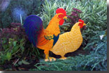 Hand painted ply wood pets. A hen and cockrel